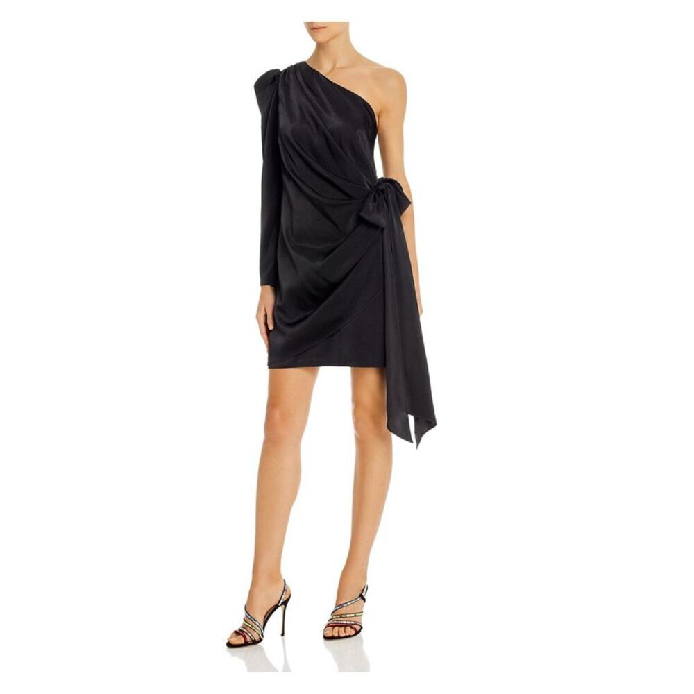 AIDAN AIDAN MATTOX Womens Black One-shoulder Puff-sleeve Mini Dress 4